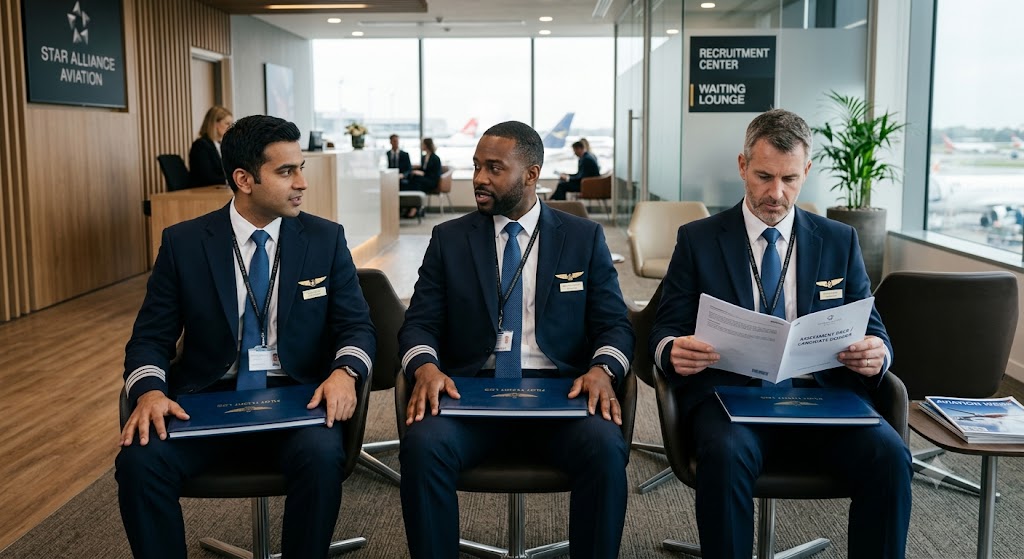 Pilot candidates waiting outside an airline interview room